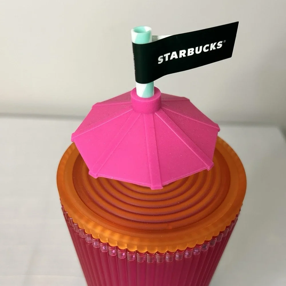 Starbucks 2025 Neon Pink Gradient Pleated Sun‎ Umbrella Topper Charm Tumbler
